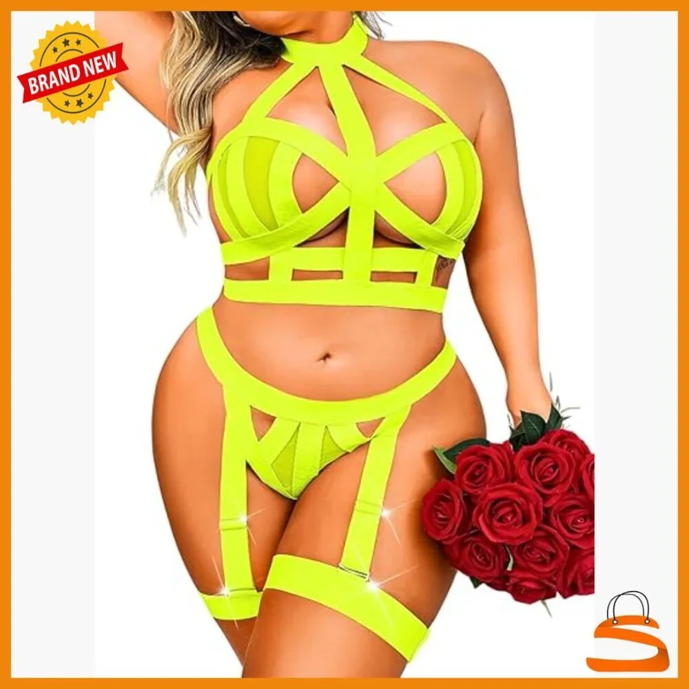 Plus Size Lingerie Set Halter Bra Thong Garter Straps 3 Piece